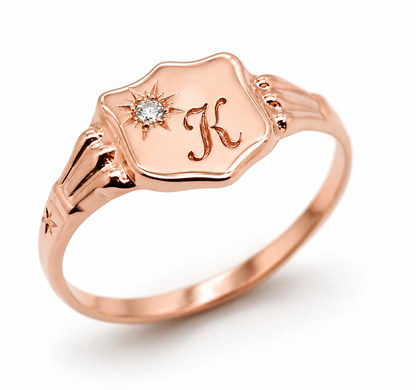 Genuine 9ct 9k 375 Yellow, Rose or White Gold Cubic Zirconia Shield Signet Ring - Engraving of one initial - Choose your ring size