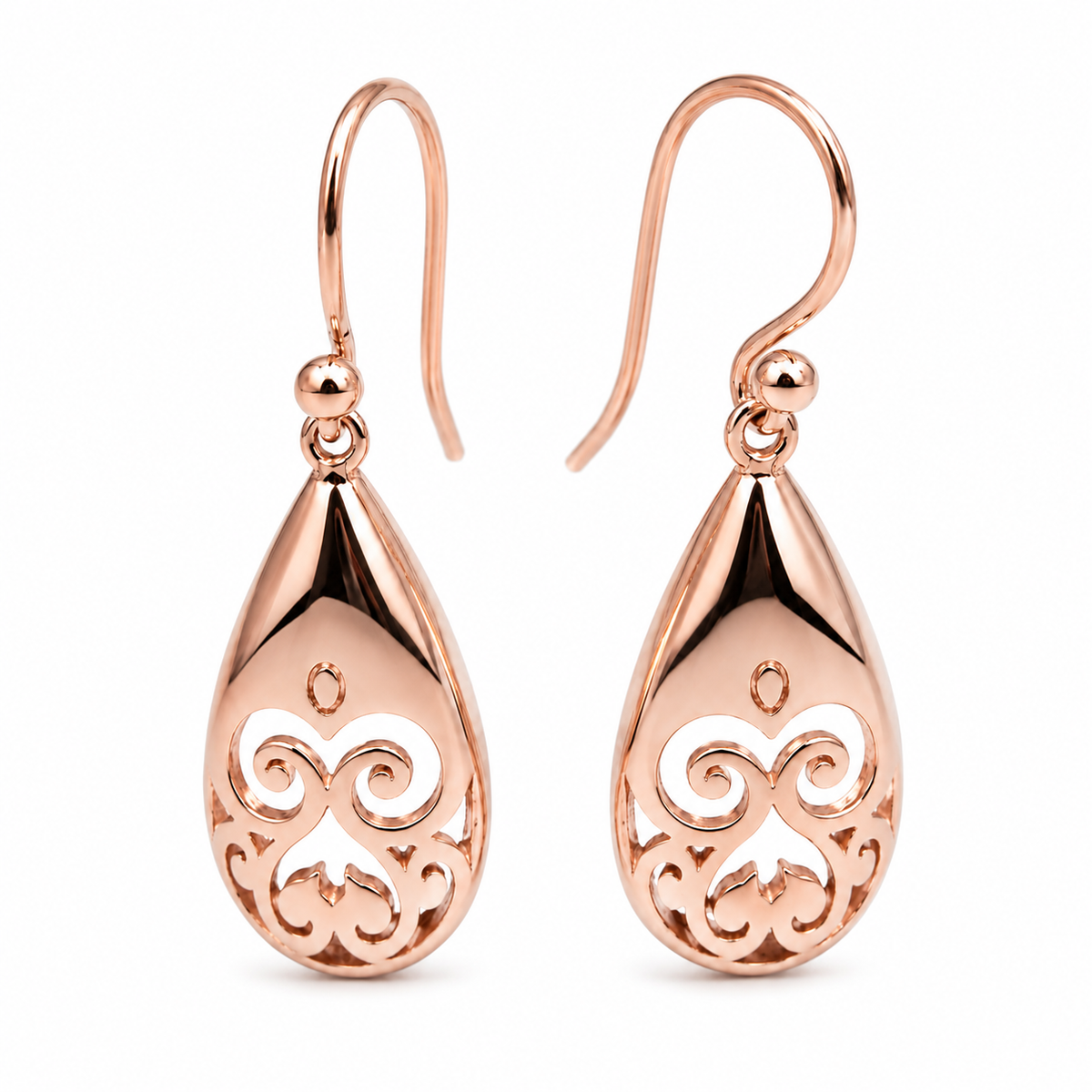 Genuine 9ct 9k 375 Yellow, Rose or White Gold Earrings Filigree Scroll Flower Teardrop Hook Earrings