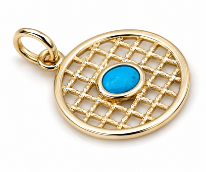 Genuine 9ct 9k 375 Yellow, Rose or White Gold 13.5mm Turquoise Filigree Disc Round Circle Pendant