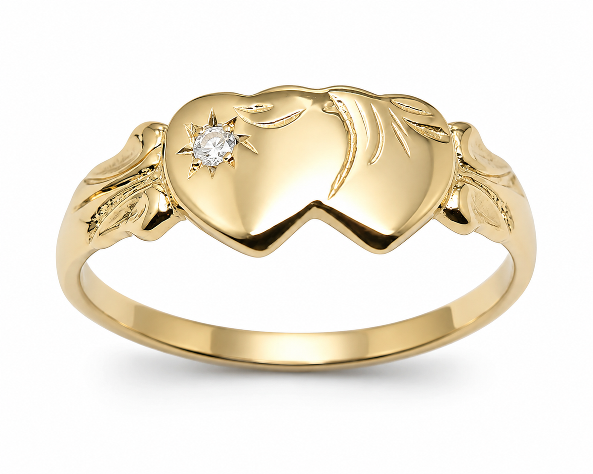 Genuine 9ct 9k 375 Yellow, Rose or White Gold Double Heart Cubic Zirconia Signet Ring - Choose your ring size H to P
