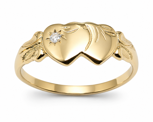 Genuine 9ct 9k 375 Yellow, Rose or White Gold Double Heart Cubic Zirconia Signet Ring - Choose your ring size H to P