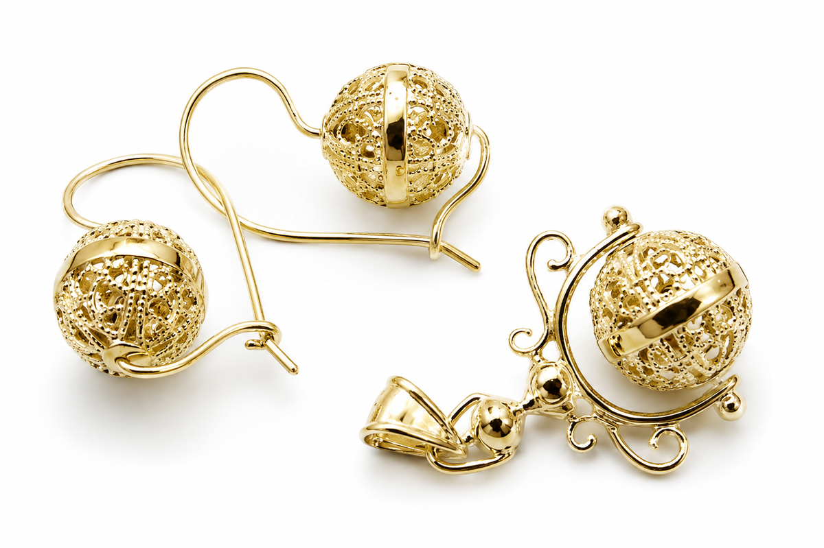 Genuine Solid 9K 9ct 375 Yellow, Rose or White Gold Filigree Spinner Pendant & Earrings Set