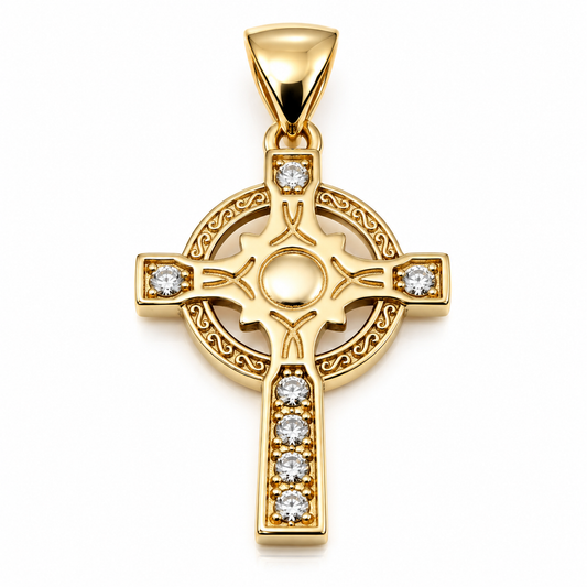 Kaedesigns, 9ct 9K 375 Yellow, Rose Or White Gold Celtic Cross Pendant With Stones