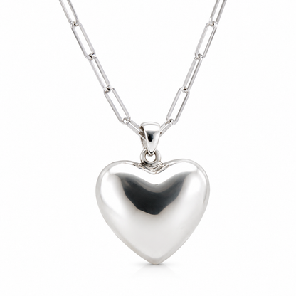 Sterling Silver 925 Paperclip Necklace + Medium Puffy Heart Pendant