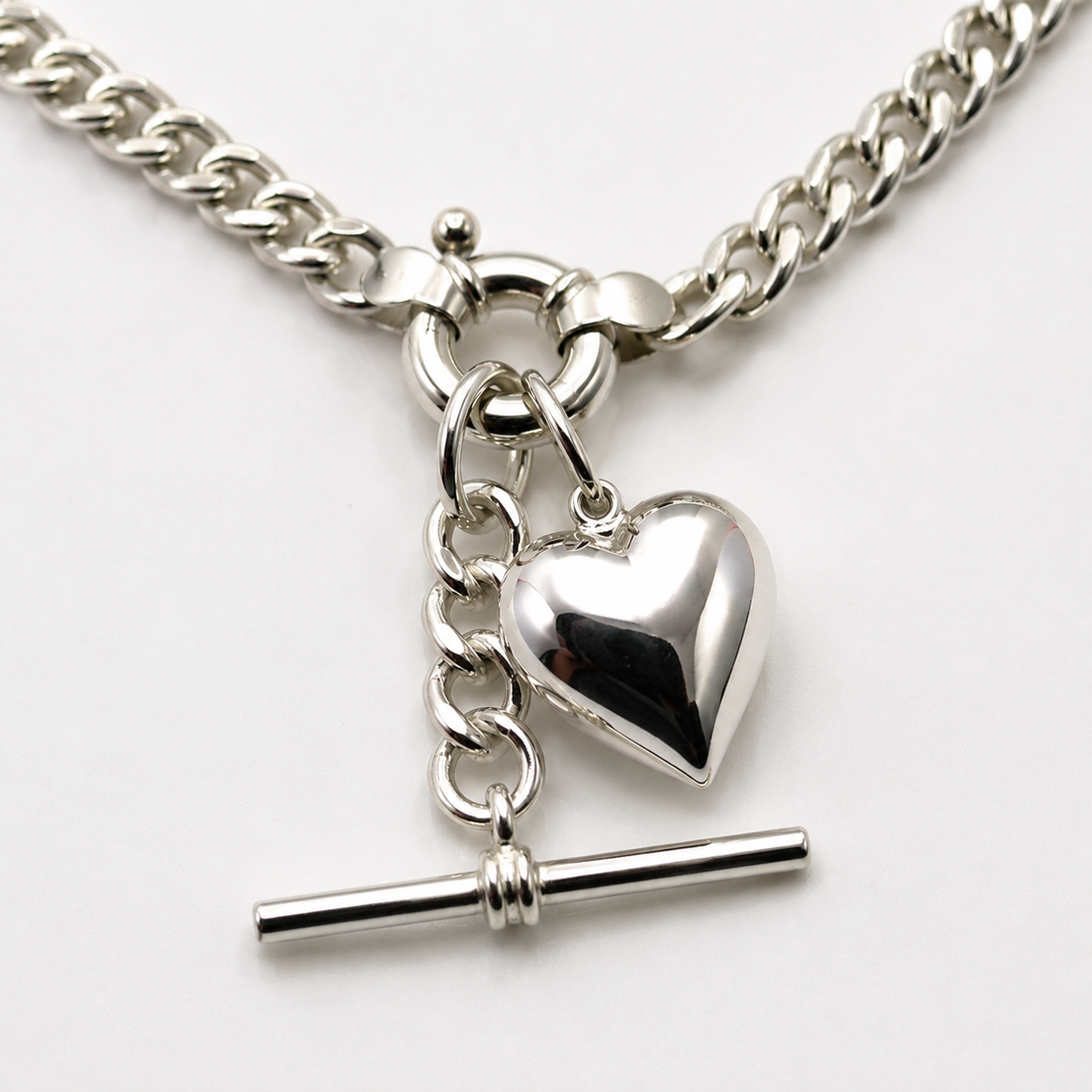 Heavy Sterling Silver 925 55cm or 60cm Curb Kerb Chain Necklace 5.3mm + T-Bar + Heart
