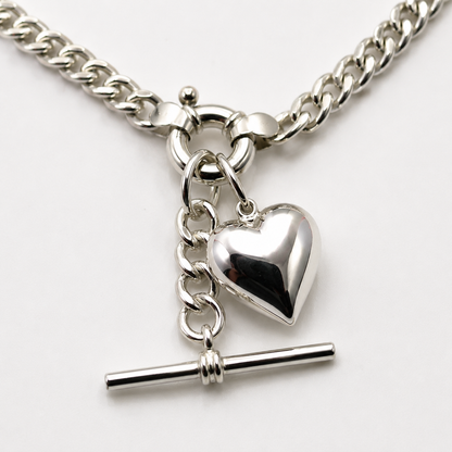 Heavy Sterling Silver 925 55cm or 60cm Curb Kerb Chain Necklace 5.3mm + T-Bar + Heart