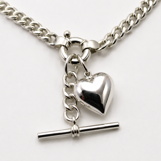 Heavy Sterling Silver 925 55cm or 60cm Curb Kerb Chain Necklace 5.3mm + T-Bar + Heart