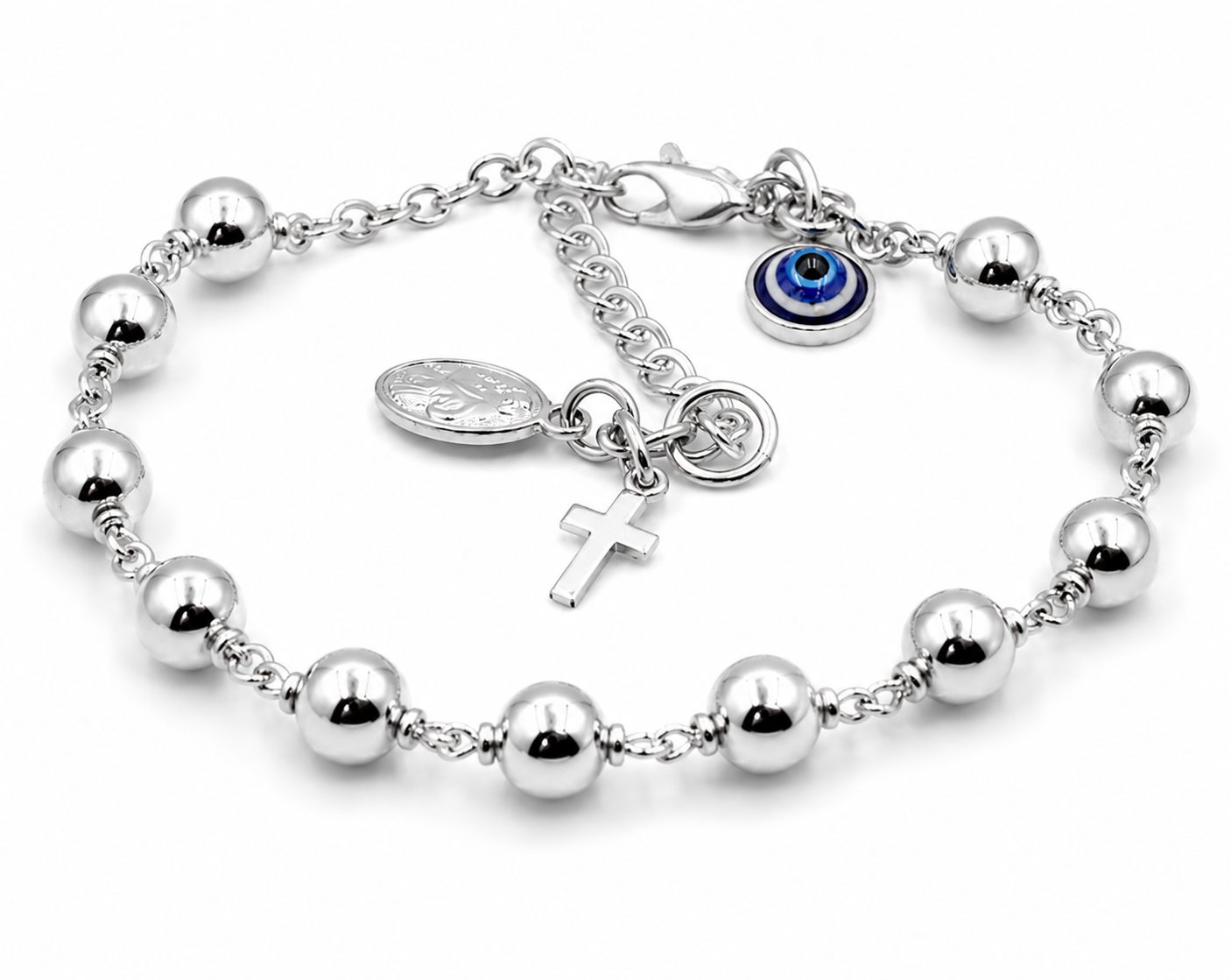 Genuine 9ct 9k 375 Yellow, Rose or White Gold 6mm Ball Rosary Bead bracelet 21cm long + Cross + Evil Eye Charm