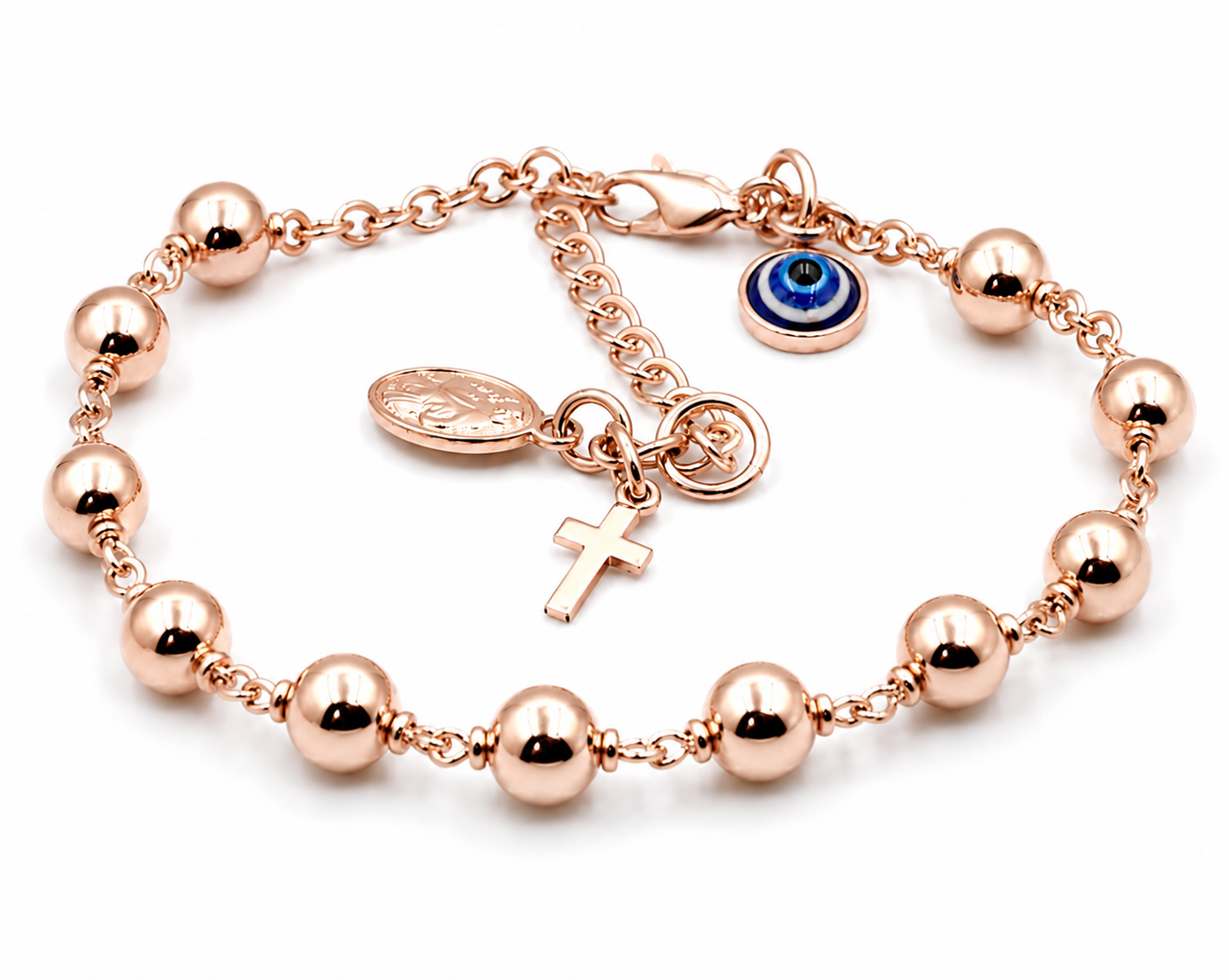 Genuine 9ct 9k 375 Yellow, Rose or White Gold 6mm Ball Rosary Bead bracelet 21cm long + Cross + Evil Eye Charm