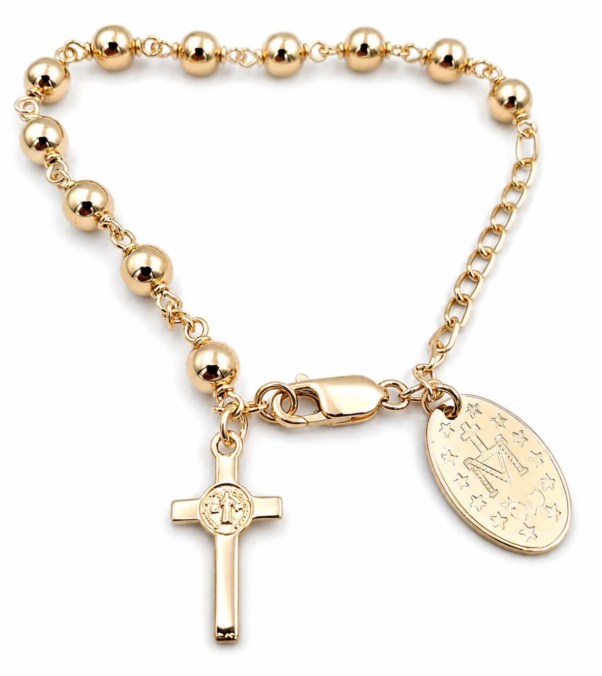 Genuine 9ct Yellow, Rose or White Gold 6mm Ball Rosary Bead Bracelet 21cm Long Mary Miraculous Pendant
