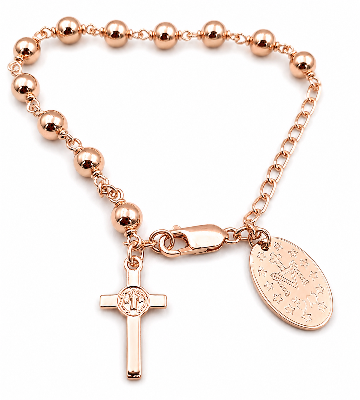 Genuine 9ct Yellow, Rose or White Gold 6mm Ball Rosary Bead Bracelet 21cm Long Mary Miraculous Pendant