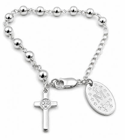 Genuine 9ct Yellow, Rose or White Gold 6mm Ball Rosary Bead Bracelet 21cm Long Mary Miraculous Pendant