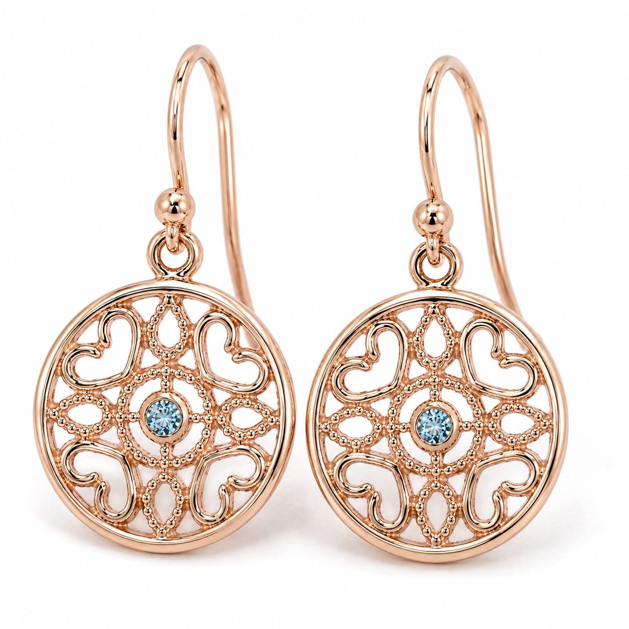 Genuine 9ct 9k 375 Yellow, Rose or White Gold Topaz Disc Heart Filigree Hook Earrings