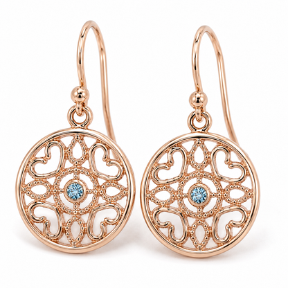 Genuine 9ct 9k 375 Yellow, Rose or White Gold Topaz Disc Heart Filigree Hook Earrings
