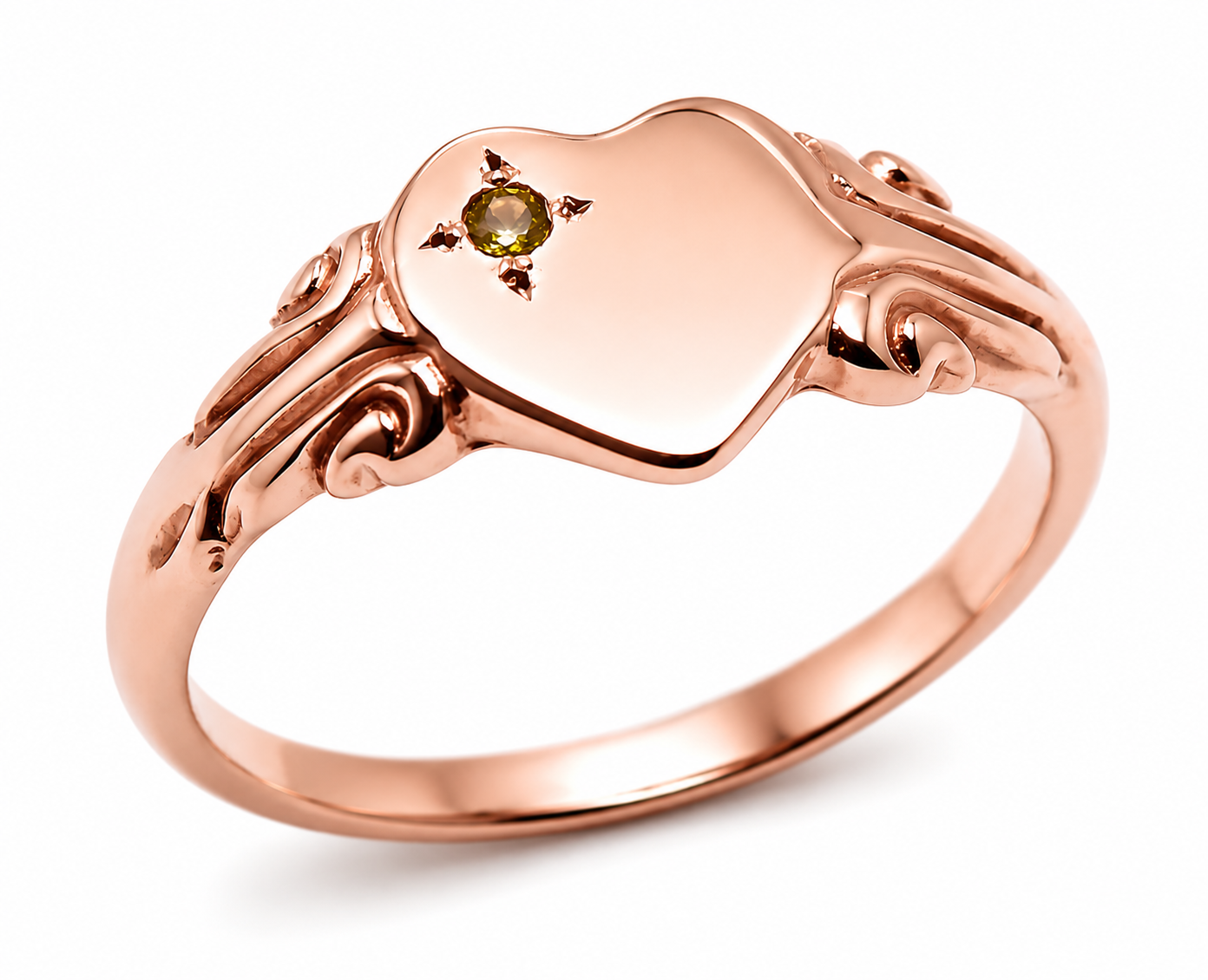 August Birthstone 9ct 9k 375 Yellow, Rose or White Gold 375 Green Peridot Stone Heart Signet Ring - Choose your size H to P