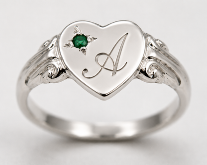 Kaedesigns Genuine 9ct 9k 375 Yellow, Rose or White Gold Green Emerald Heart Signet Ring + Engraving