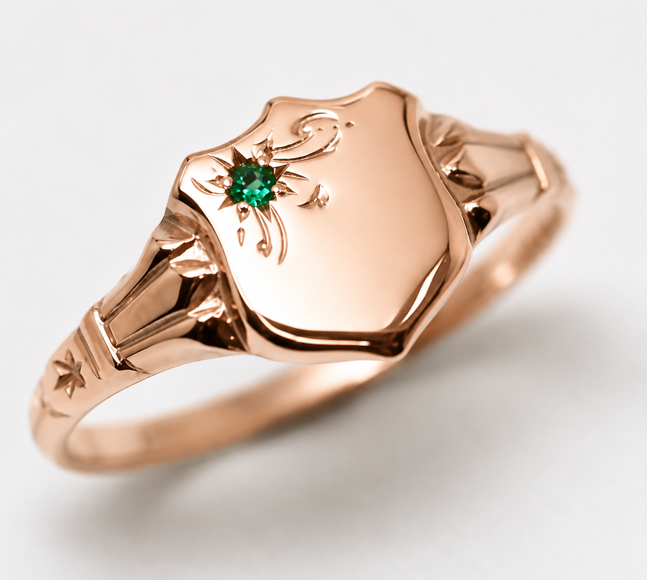 Genuine 9ct Small Yellow, Rose or White Gold Childs Emerald Shield Signet Ring - Choose your size