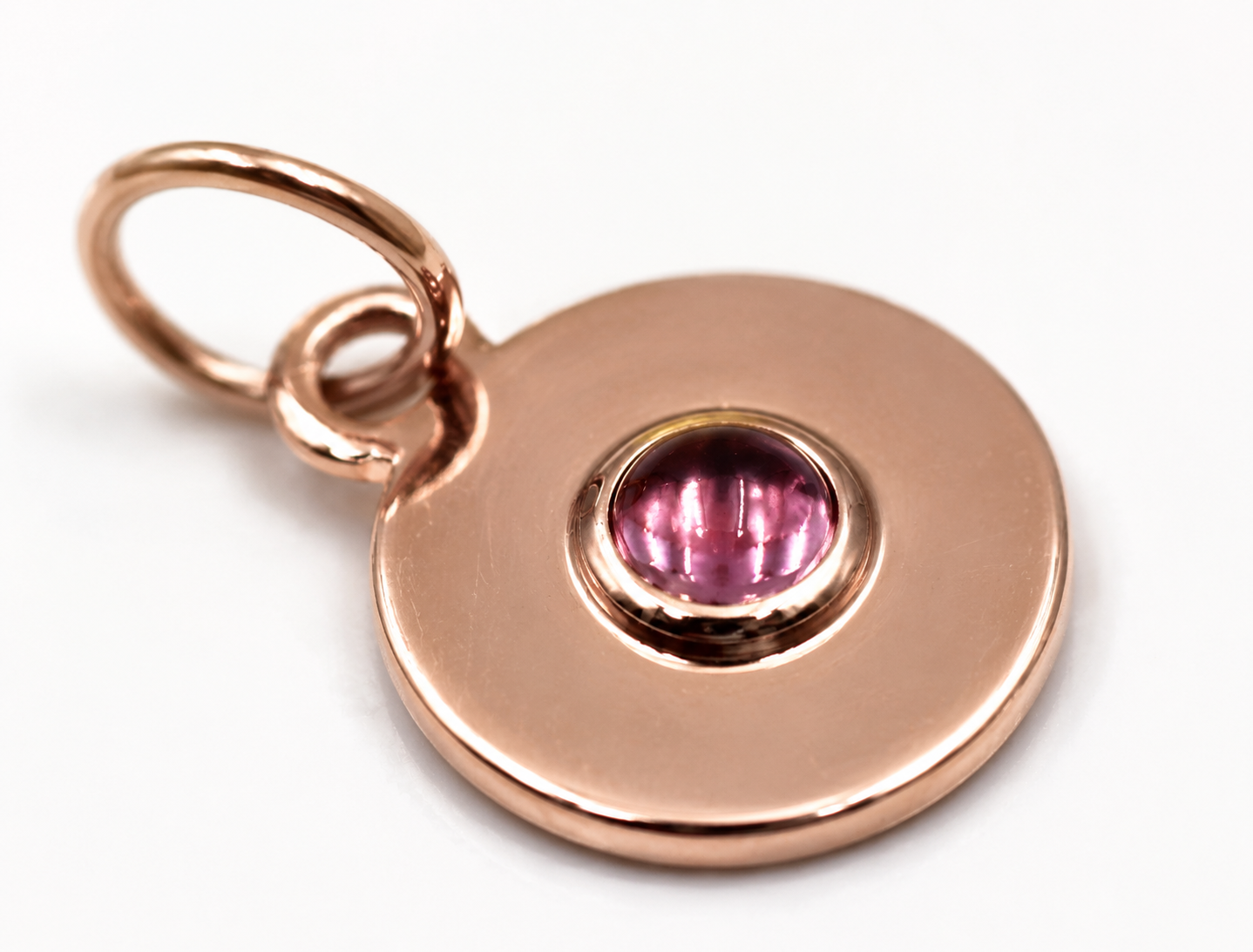 Genuine 9ct 9K 375 Yellow Gold 12mm Cabochon Pink Tourmaline Disc Pendant Charm