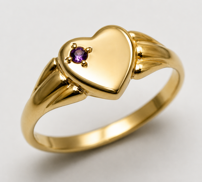 Genuine 9ct 9k 375 Yellow, Rose or White Gold Heart Amethyst Signet Ring -  February Birthstone (Copy)