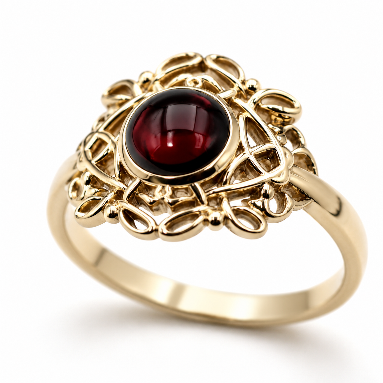 Size R - Genuine 9ct 9k 375 Yellow, Rose or White Gold Round Red Cabochon Garnet Fancy Filigree Ring
