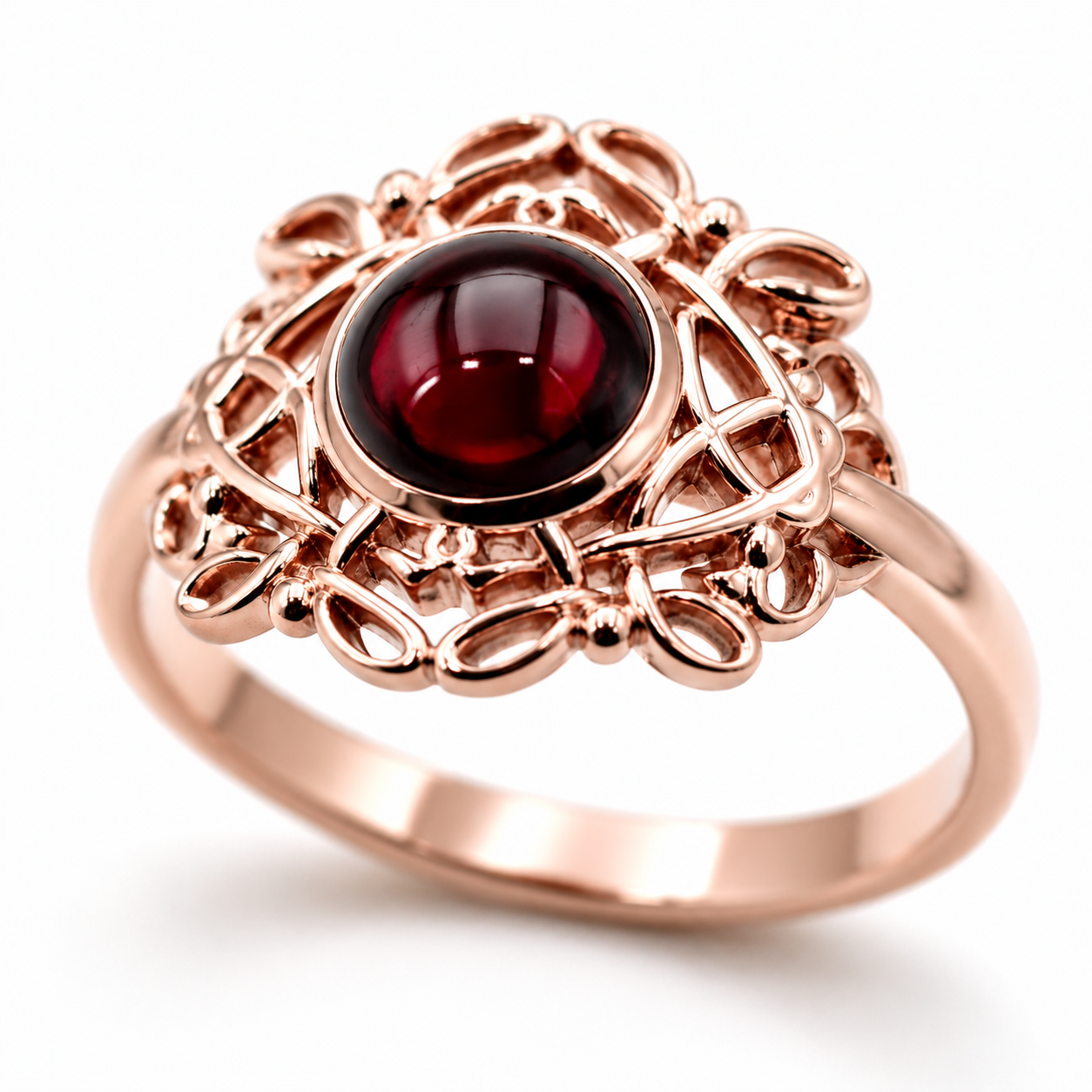 Size R - Genuine 9ct 9k 375 Yellow, Rose or White Gold Round Red Cabochon Garnet Fancy Filigree Ring