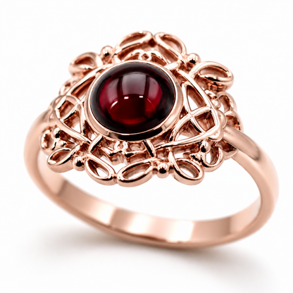 Size R - Genuine 9ct 9k 375 Yellow, Rose or White Gold Round Red Cabochon Garnet Fancy Filigree Ring