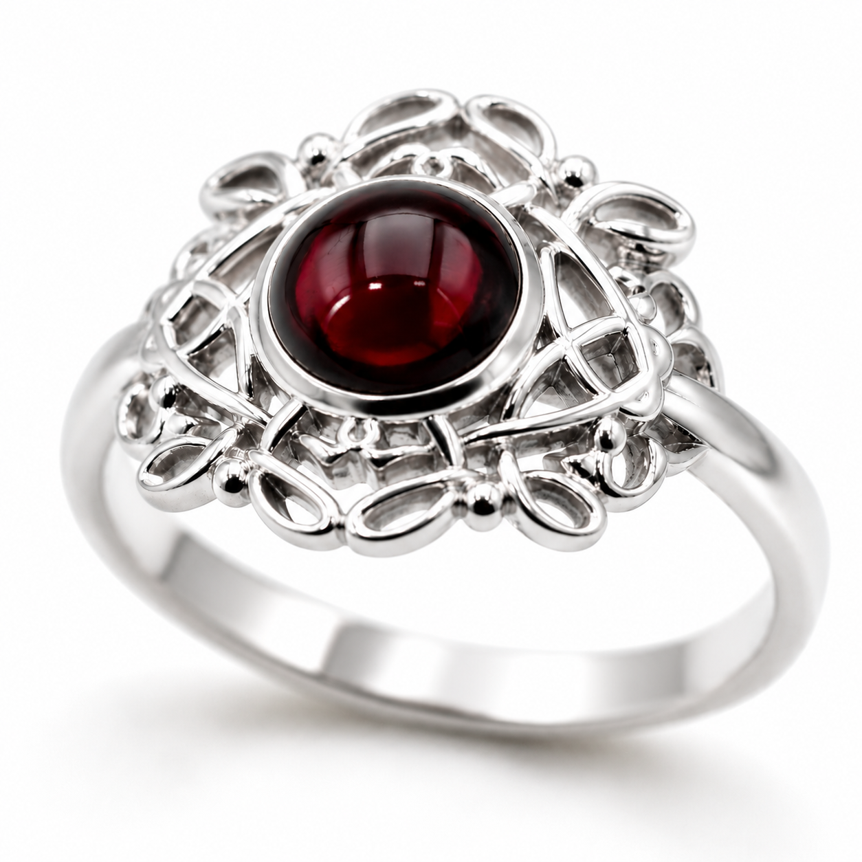 Size R - Genuine 9ct 9k 375 Yellow, Rose or White Gold Round Red Cabochon Garnet Fancy Filigree Ring