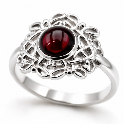 Size R - Genuine 9ct 9k 375 Yellow, Rose or White Gold Round Red Cabochon Garnet Fancy Filigree Ring