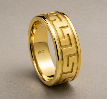 Kaedesigns, Solid 10ct Yellow, Rose Or White Gold Gold 7mm Wide Greek Key Ring