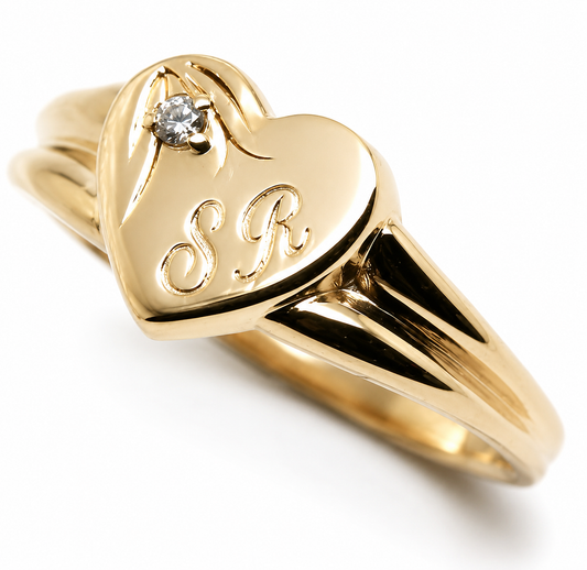 Size X 9ct 9k 375 Yellow, Rose or White Gold Heart Signet Ring 11mm heart + Engraving + Lab Grown Diamond
