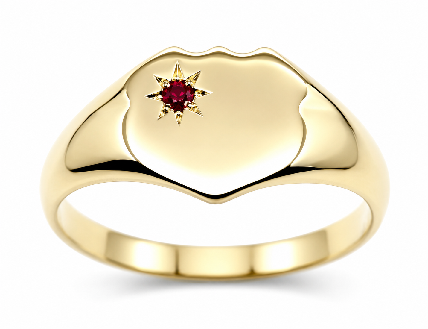 Genuine Solid 9ct 9k 375 Yellow, Rose or White Gold Shield Signet Ring set with Ruby