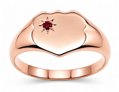 Genuine Solid 9ct 9k 375 Yellow, Rose or White Gold Shield Signet Ring set with Ruby