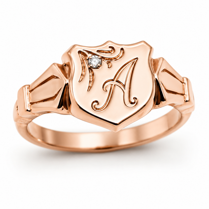 Genuine Solid 9ct 9kt 375 Yellow, Rose or White Gold Shield Signet Ring  + Engraving + Diamond