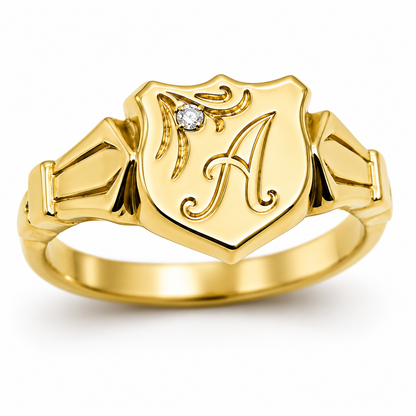 Genuine Solid 9ct 9kt 375 Yellow, Rose or White Gold Shield Signet Ring  + Engraving + Diamond
