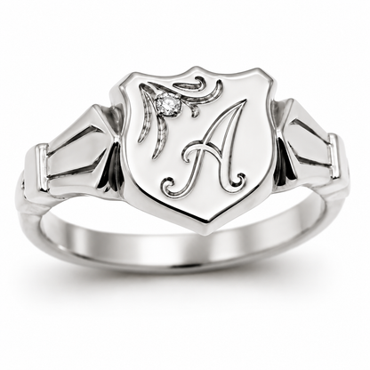 Genuine Solid 9ct 9kt 375 Yellow, Rose or White Gold Shield Signet Ring  + Engraving + Diamond