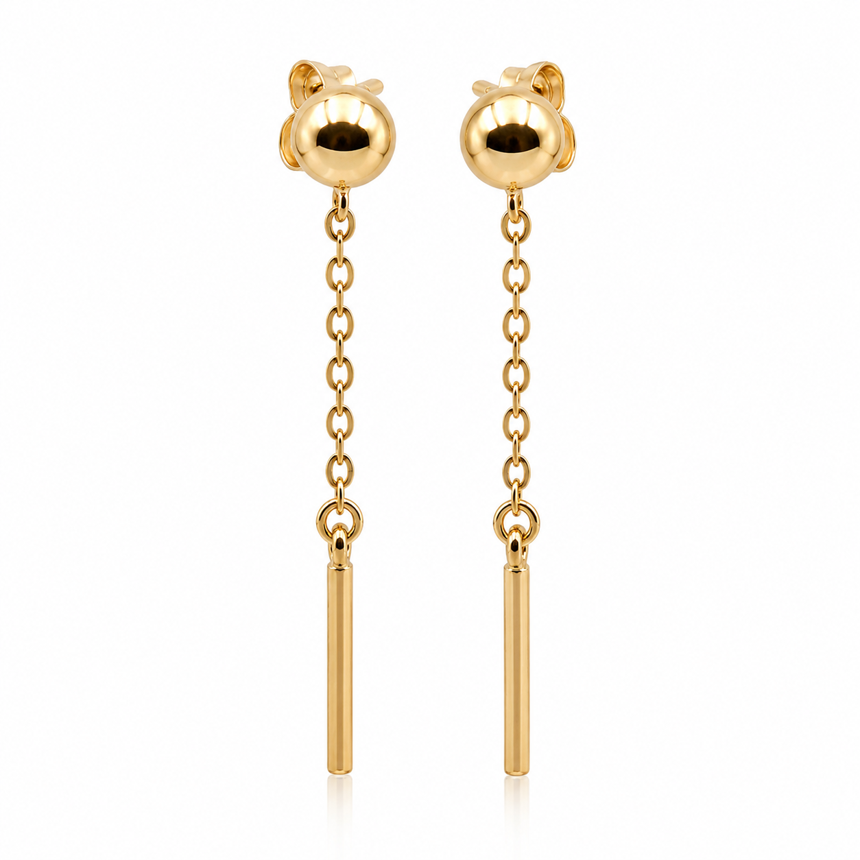 Kaedesigns 9ct 9k 375 Yellow, Rose or White Gold Half 8mm Ball Stud Chain Long Earrings
