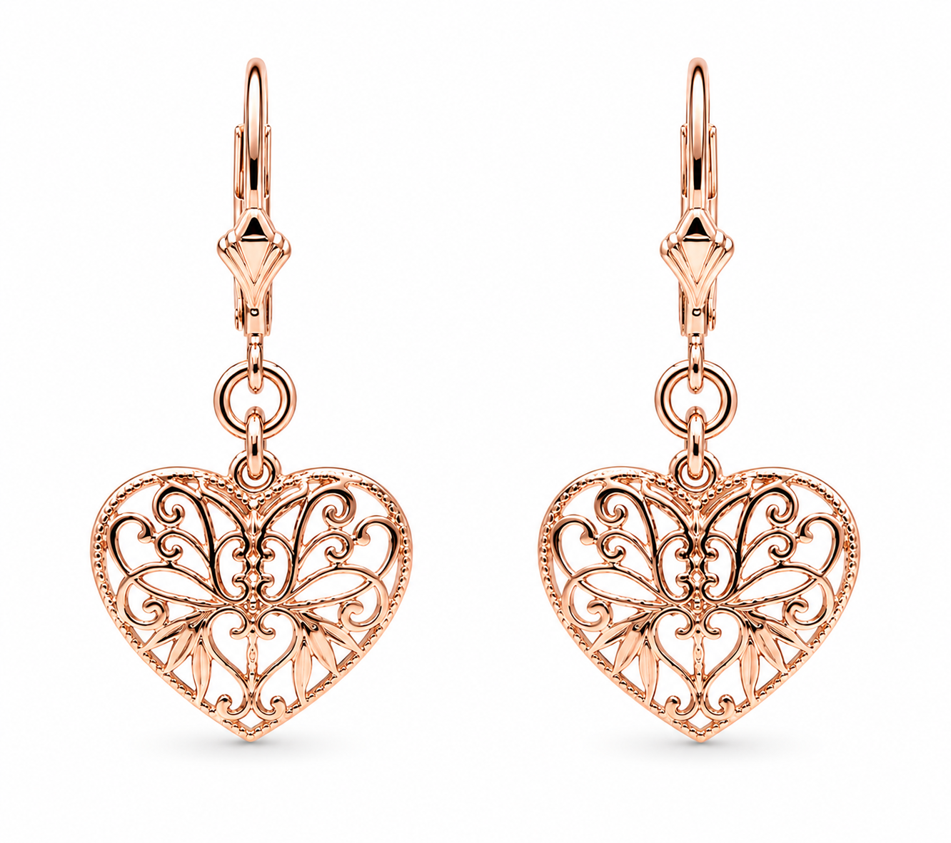 Genuine 9ct Yellow, Rose or White Gold Filigree Heart Drop Filigree Continental Hook Earrings