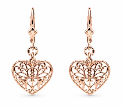 Genuine 9ct Yellow, Rose or White Gold Filigree Heart Drop Filigree Continental Hook Earrings