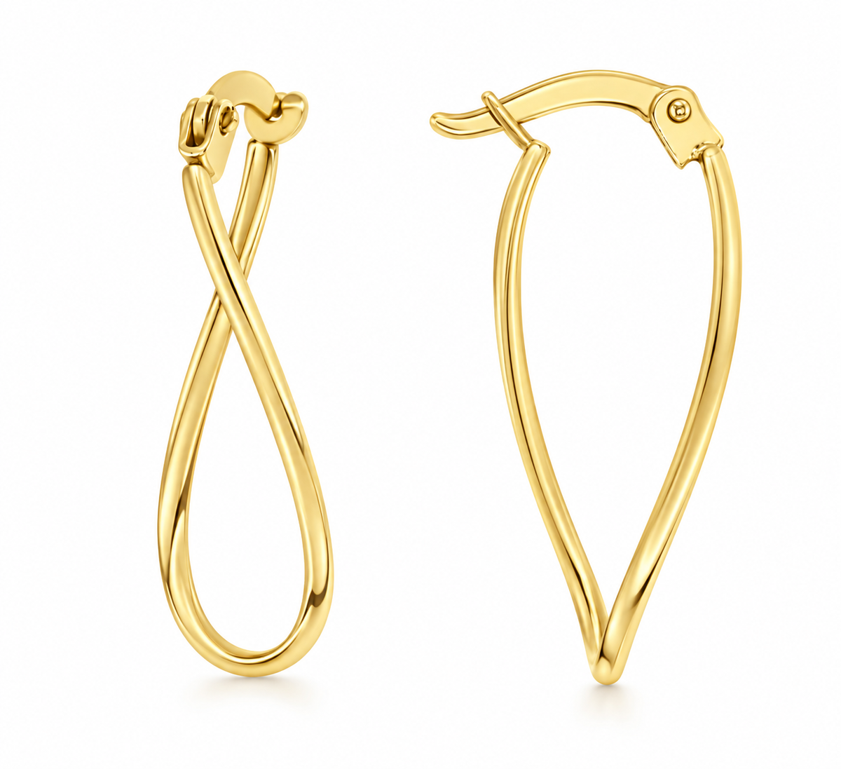 9ct gold super fine knife edge wavy oval hoop earrings, pair shown front and side