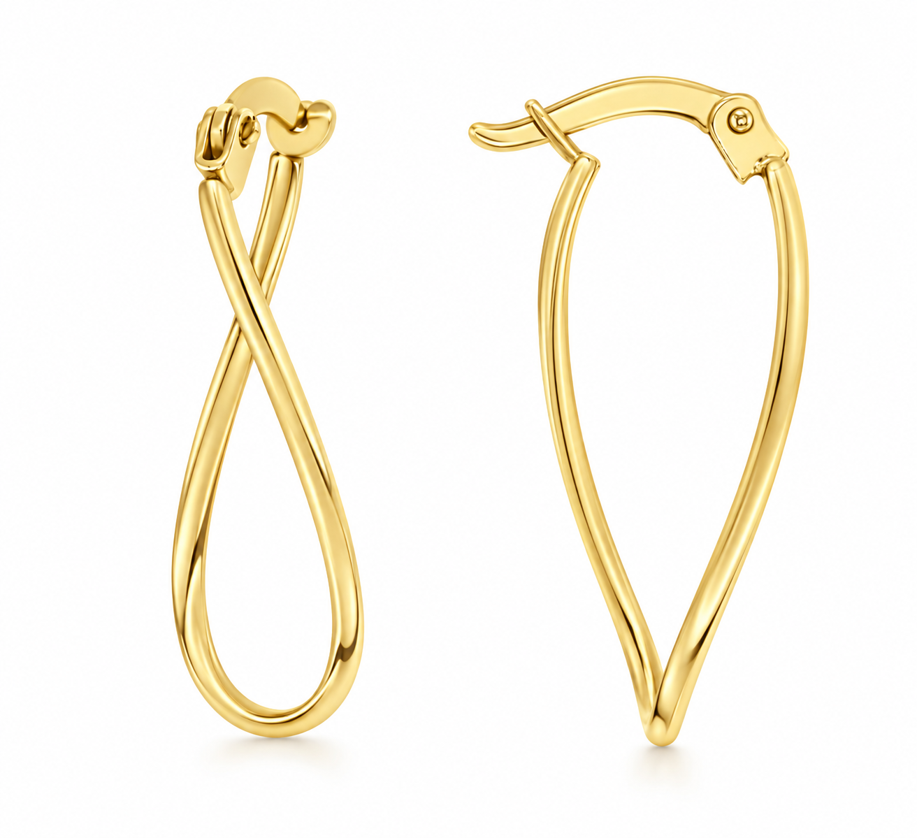 9ct gold super fine knife edge wavy oval hoop earrings, pair shown front and side