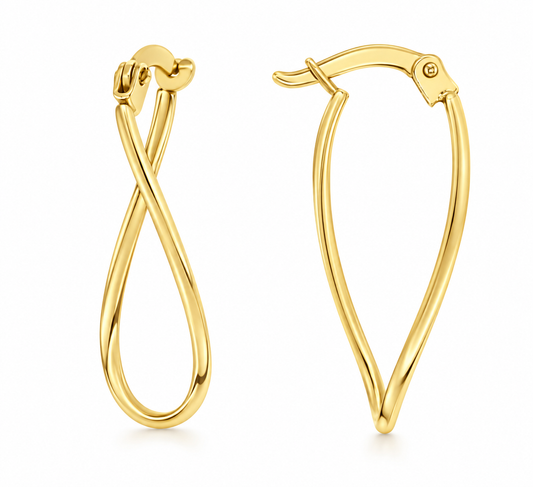 9ct gold super fine knife edge wavy oval hoop earrings, pair shown front and side
