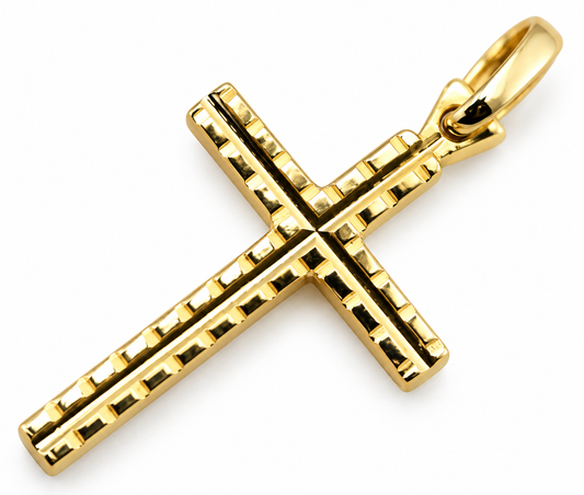 9ct yellow gold patterned cross pendant with jump ring
