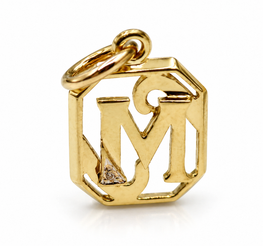9ct yellow gold initial M pendant charm within an open octagonal frame