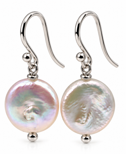 925 Sterling Silver 14mm Coin Pearl Drop Earrings
