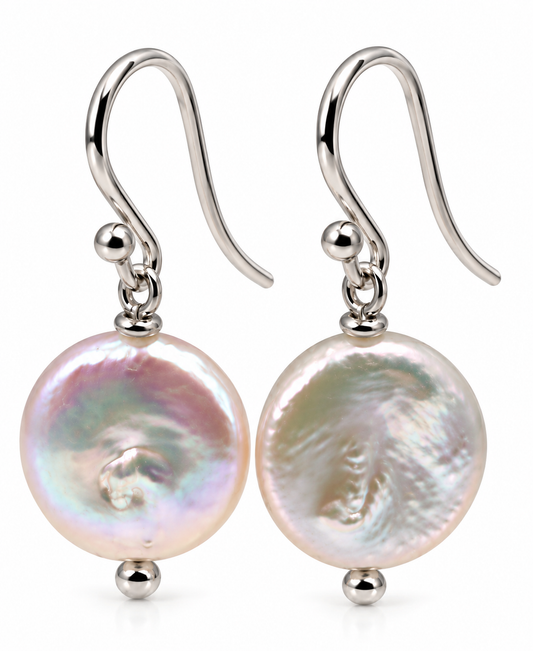 925 Sterling Silver 14mm Coin Pearl Drop Earrings
