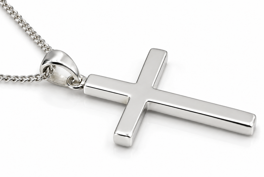 Sterling Silver 925 Plain Cross Pendant with Kerb Chain – 34mm × 21mm