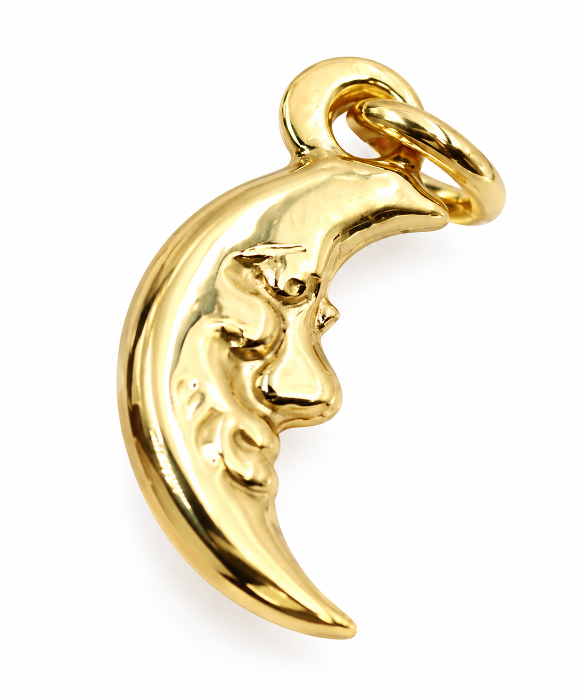 Polished yellow gold crescent moon pendant charm with face detail and bail