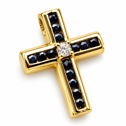 Front close-up of 9ct yellow gold cross pendant with sapphires and central diamond