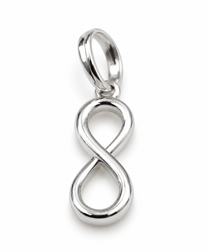 Polished sterling silver infinity pendant with split-ring attachment, front view on a white background.