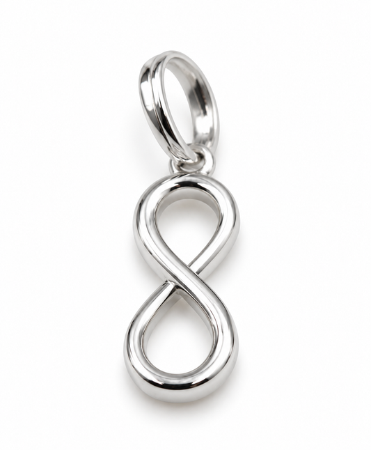 Polished sterling silver infinity pendant with split-ring attachment, front view on a white background.
